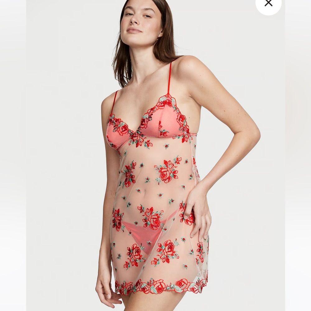 Victoria's Secret Floral Embroidery Sheer Mesh Slip